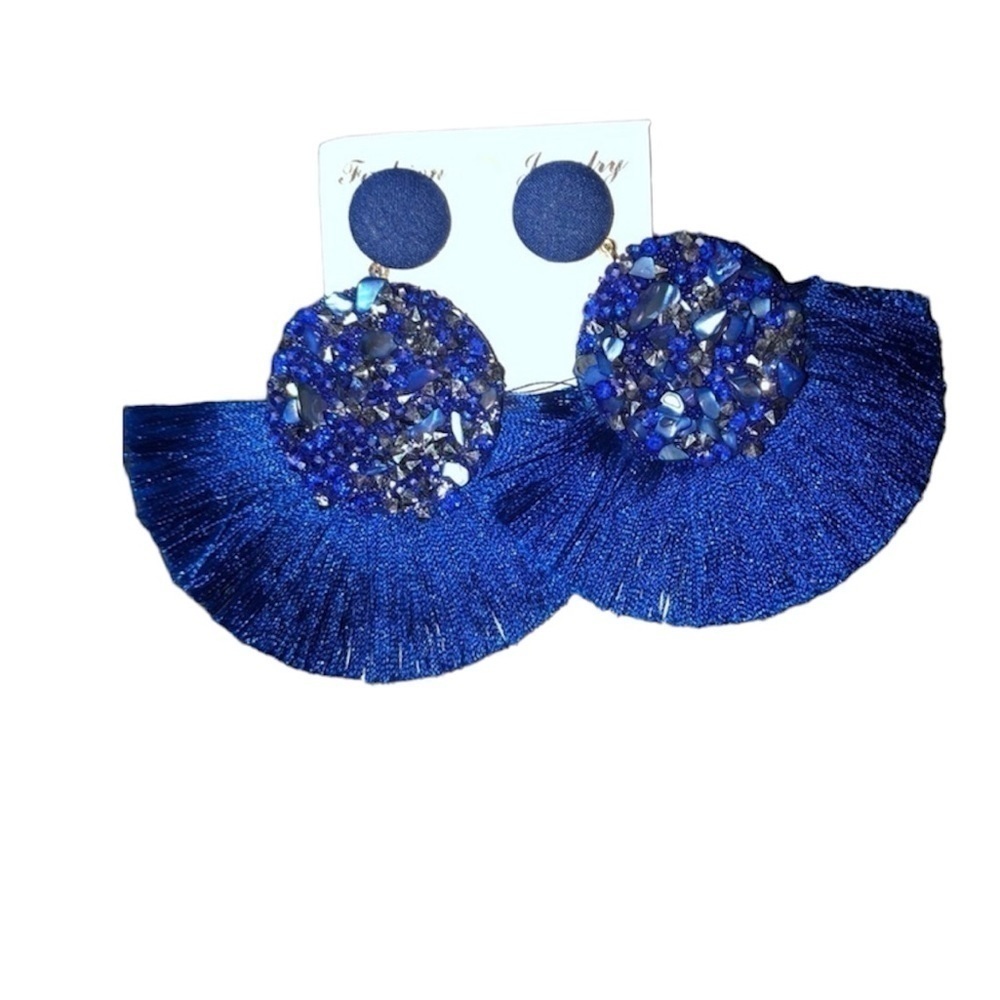 BOHEMIAN Fan Earrings Blue Tassel. NWT